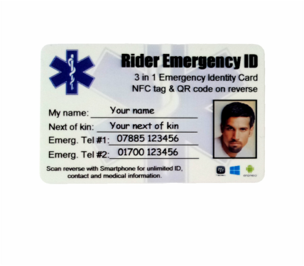 motorcycle rider wallet identity card with SMART technology. NFC embedded card gives paramedics full access to next of kin emergency medical information and medications history