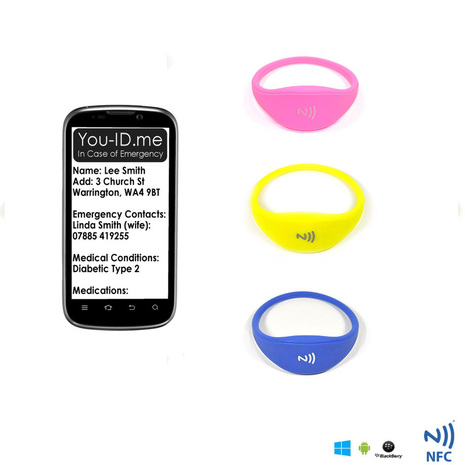 emergency identity wristband for junior teenager small adults. Smartphone compatible. Works with NFC and RFID. Free hosting