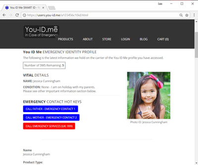 PC screen showing a lost child's ID profile. The You ID Me system would have alerted parents' mobile phone to let them know that their missing child's emergency ID profile has been accessed by a third party.