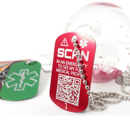 Preston medical alert tag necklace. Shown in red, laser engraved with lots of helpful medical alert information.