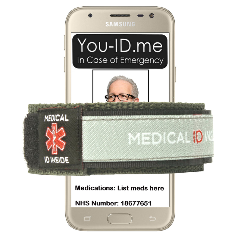 Green/grey medical alert bracelet shown with smartphone