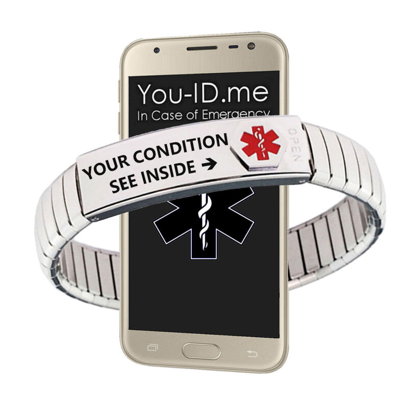 Expandable emergency medical alert bracelet worn by men and women in Exeter.