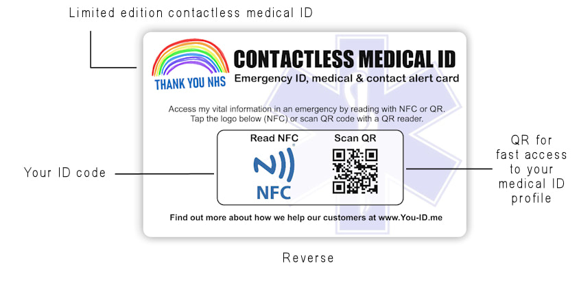 Front of contactless touch free emergency medical alert wallet card with bullet pointed features list