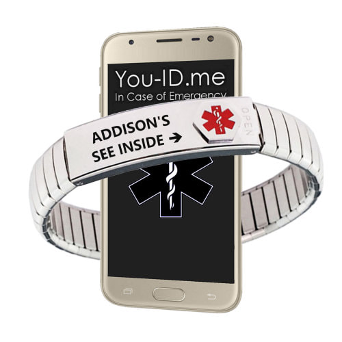 Popular in and around Liverpool; stainless steel laser engraved emergency vital ID medical enclosure bracelet with ID inserts that you can write on.