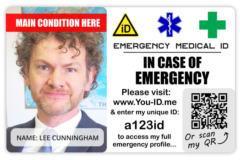 London medical alert products. Emergency ID and alert cards, bracelets and necklaces with phone alert service.