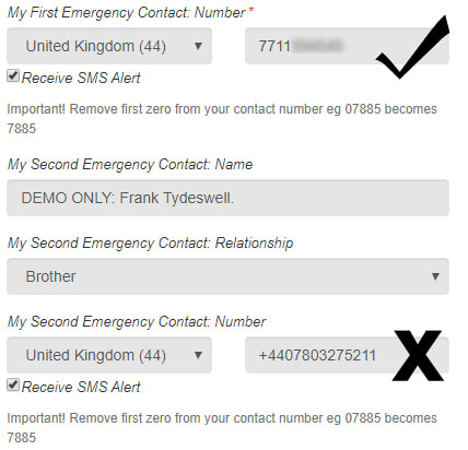 remove all preceding characters form your emergency contacts numbers