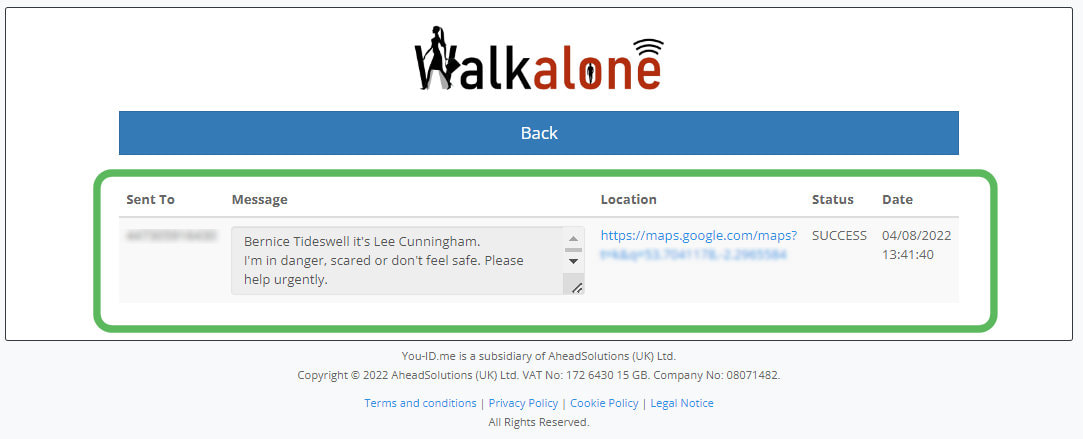 Example of historic emergency alert sent to your contacts from the Walkalone app