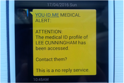 SMS text message sent from medical emergency bracelet