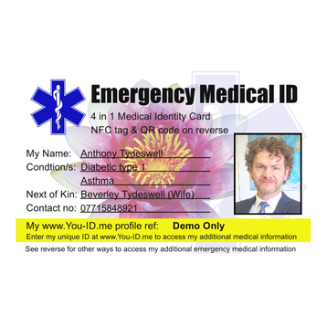 3 in 1 medical emergency wallet card. carry ALL your medical details with you on this NFC embedded QR code embedded wallet card. Handy. Safe. Sensible.