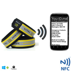 Runner's SMART Identity wristband in yellow. Electronic identity bracelet that holds sports peoples' full emergency contact profile in the event of an accident.
