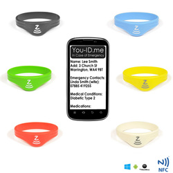 Adult silicone rubber smart id wristband bracelet. NFC tag embedded uses the you ID me service to store your medical id contact emergency information and crisis management.