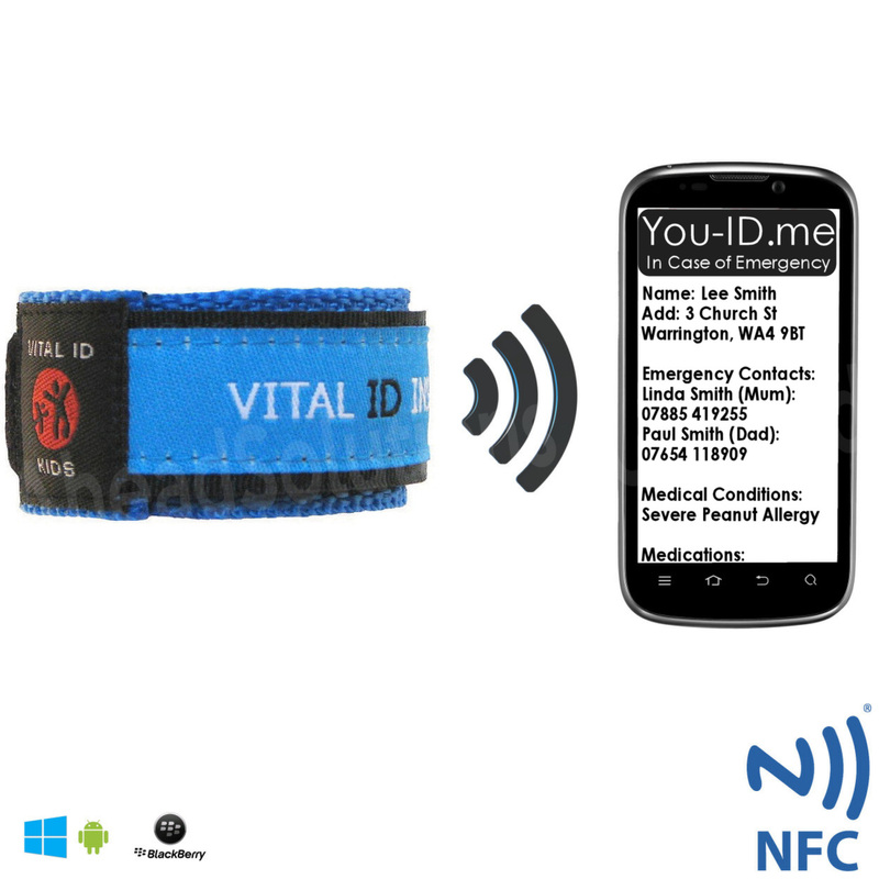 Child safe identity bracelet allergies or contact details NFC RFID