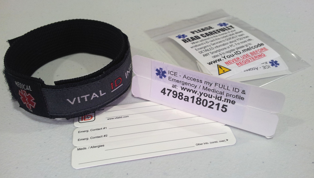 Medical identity bracelet with unique ID code that can be input into the You ID Me website to allow emergency services to access a wearer's full medical profile