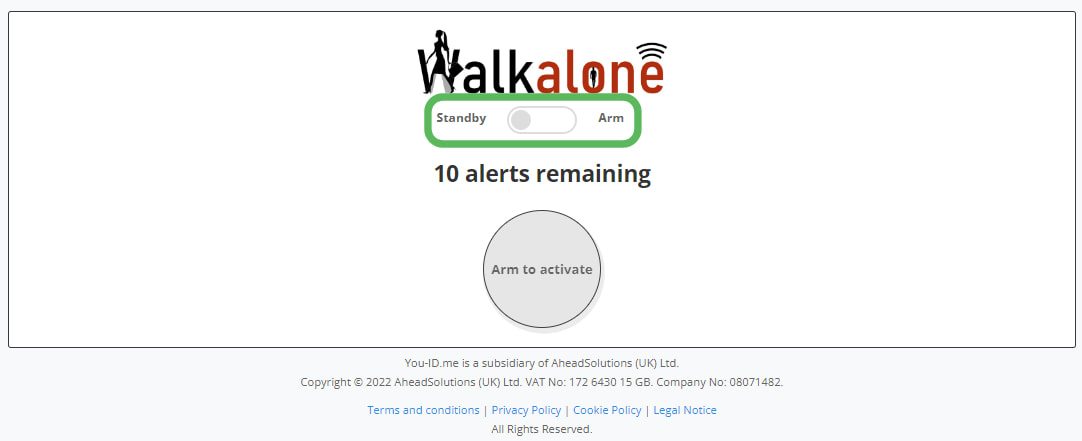 Arming the Walkalone personal safety tool by using the toggle button.
