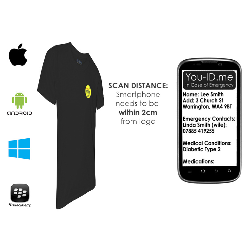 Smartphone must be within 2cm of the tshirt in order for the phone to read the emergency Identity of the wearer.