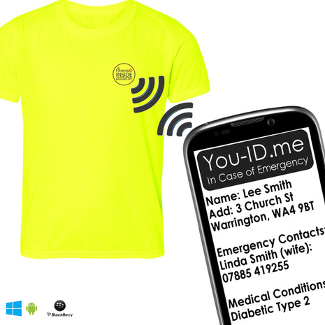 Identity embedded electronic NFC ID running top shirt. Works with Smartphone friendly.