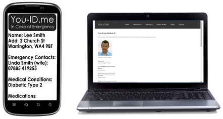 emergency medical IDENTITY profile shown on a mobile device or smartphone and also on a desktop pc