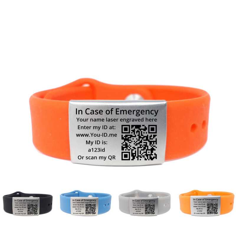 Popular in Leicester. Medical ID Alert Bracelets with Silicone Strap. An orange silicone strap emergency medical identity bracelet.