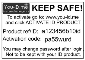 picture of a You ID ME activation code ticket for an emergency ID product
