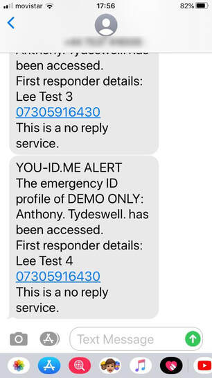 Picture of a You ID Me alert sent to a mobile phone in an emergency