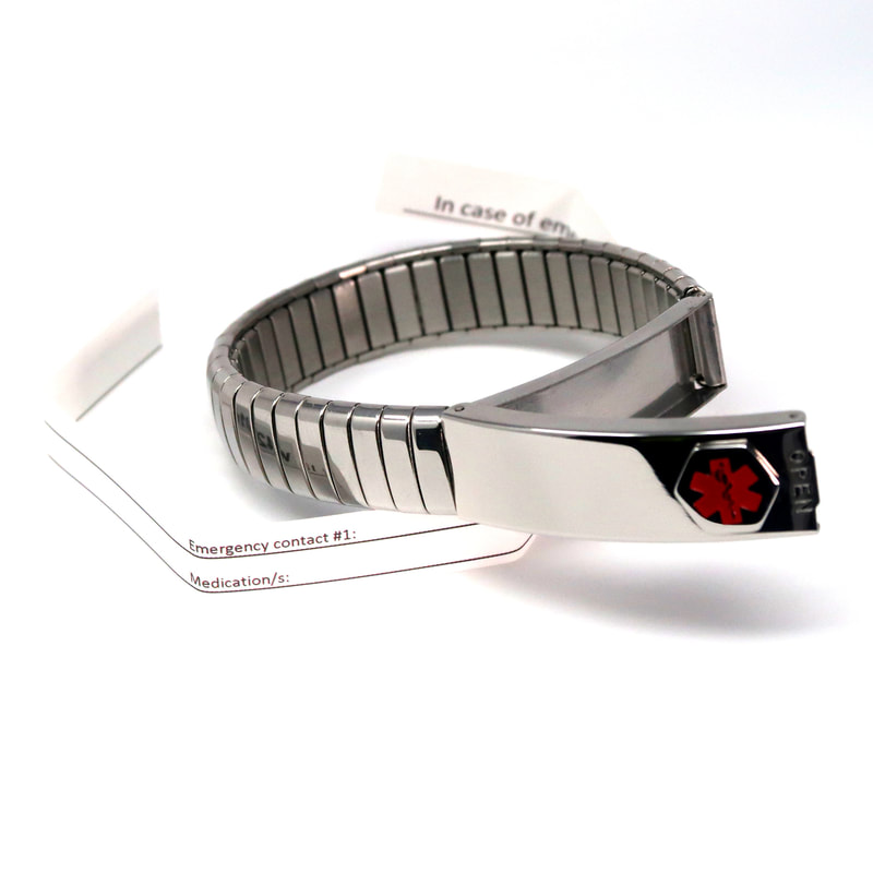 Expanding medical alert bracelet. Emergency identity bracelet that expands to fit large wrist sizes.