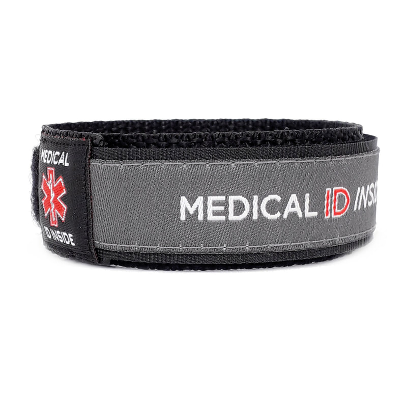 Best selling medical alert bracelet in Stoke: Woven fabric medic alert bracelet with written emergency vital ID cards inside.